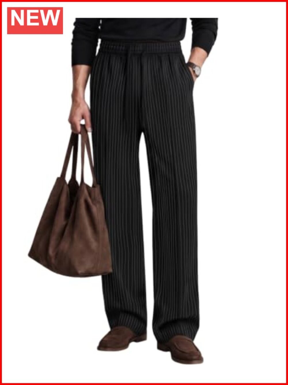Men's Pinstripe Casual Pants Pleated Drawstring Wide Leg Trousers